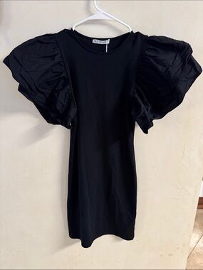 Zara Black Puff-Sleeve Mini Dress